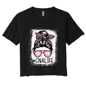 CNA Nurse Life Bleached Pink Leopard Messy Bun Women's Crop Top Tee