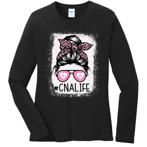 CNA Nurse Life Bleached Pink Leopard Messy Bun Ladies Long Sleeve Shirt