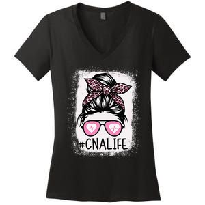 CNA Nurse Life Bleached Pink Leopard Messy Bun Women's V-Neck T-Shirt