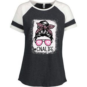 CNA Nurse Life Bleached Pink Leopard Messy Bun Enza Ladies Jersey Colorblock Tee