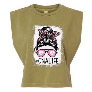 CNA Nurse Life Bleached Pink Leopard Messy Bun Garment-Dyed Women's Muscle Tee