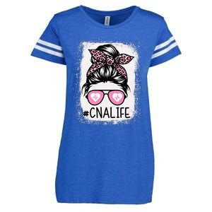 CNA Nurse Life Bleached Pink Leopard Messy Bun Enza Ladies Jersey Football T-Shirt