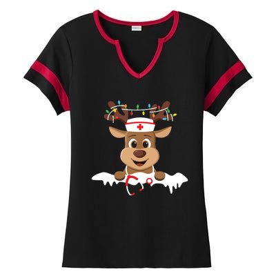 Christmas Nurse Love Nicu Rn Er Santa Reindeer Nurse Hat Elf Ladies Halftime Notch Neck Tee