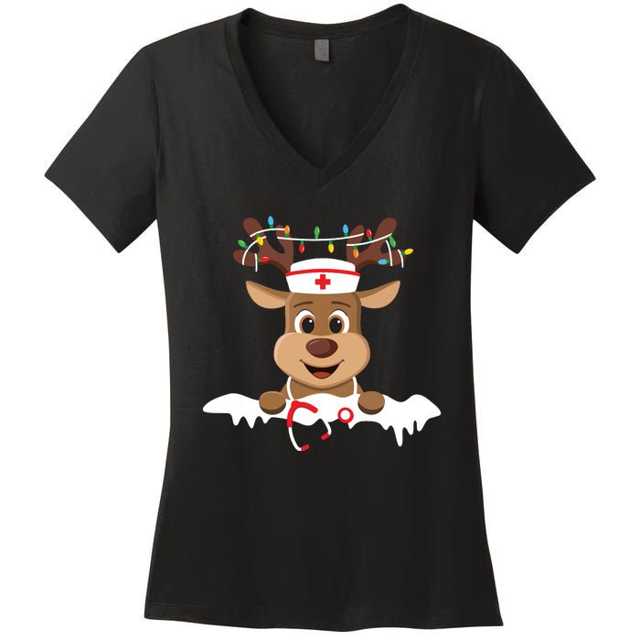 Christmas Nurse Love Nicu Rn Er Santa Reindeer Nurse Hat Elf Women's V-Neck T-Shirt