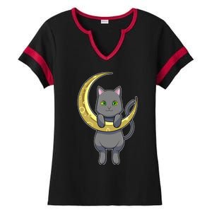 Cat Night Moon Gift Ladies Halftime Notch Neck Tee