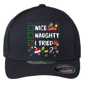 Christmas Nice Naughty I Tried Xmas Tree Light Flexfit Unipanel Trucker Cap