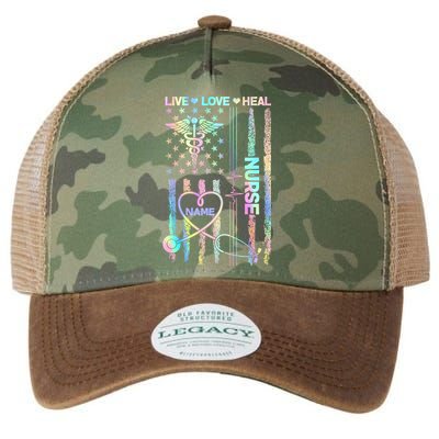 Custom Name Nurse Live Love Heal Colorful USA Flag Legacy Tie Dye Trucker Hat