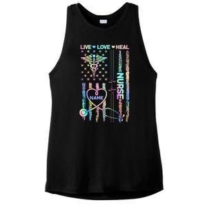 Custom Name Nurse Live Love Heal Colorful USA Flag Ladies PosiCharge Tri-Blend Wicking Tank