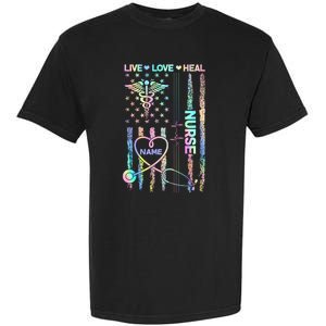 Custom Name Nurse Live Love Heal Colorful USA Flag Garment-Dyed Heavyweight T-Shirt