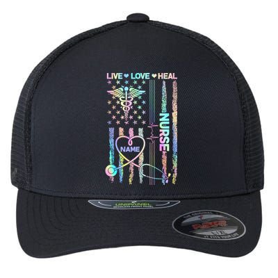 Custom Name Nurse Live Love Heal Colorful USA Flag Flexfit Unipanel Trucker Cap
