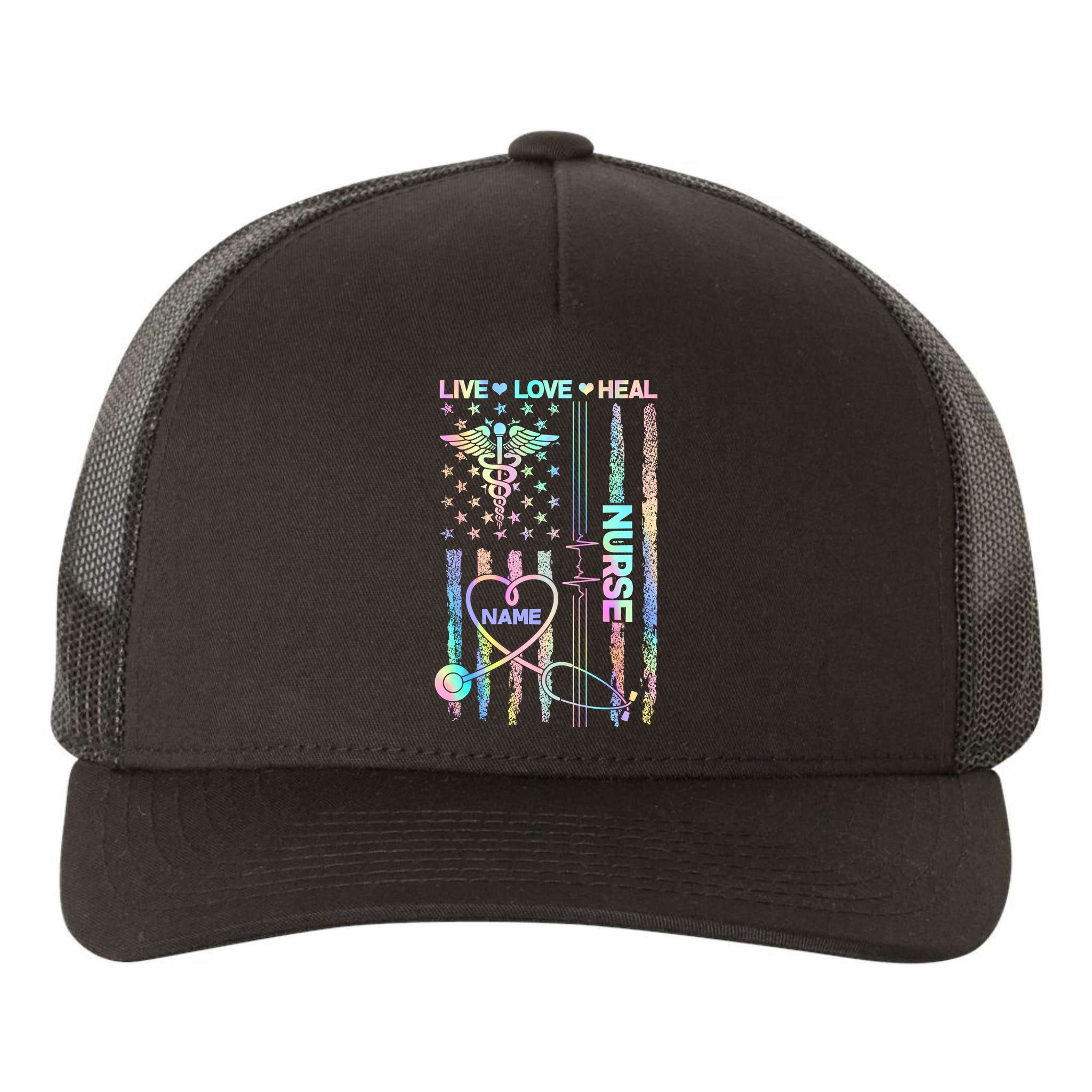 Custom Name Nurse Live Love Heal Colorful USA Flag Yupoong Adult 5-Panel Trucker Hat