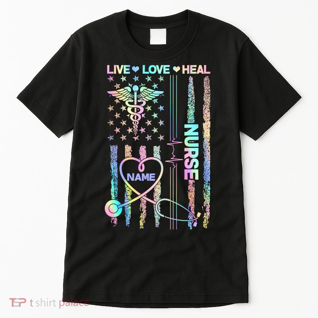 Custom Name Nurse Live Love Heal Colorful USA Flag Tall T-Shirt