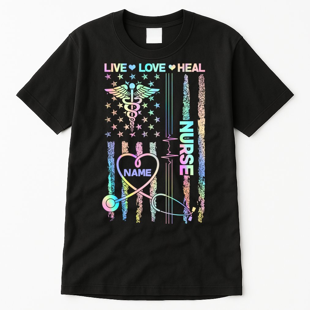 Custom Name Nurse Live Love Heal Colorful USA Flag Tall T-Shirt