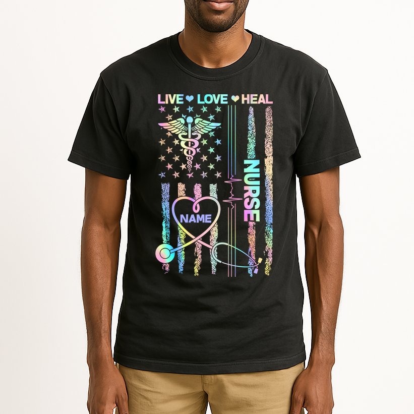 Custom Name Nurse Live Love Heal Colorful USA Flag Tall T-Shirt