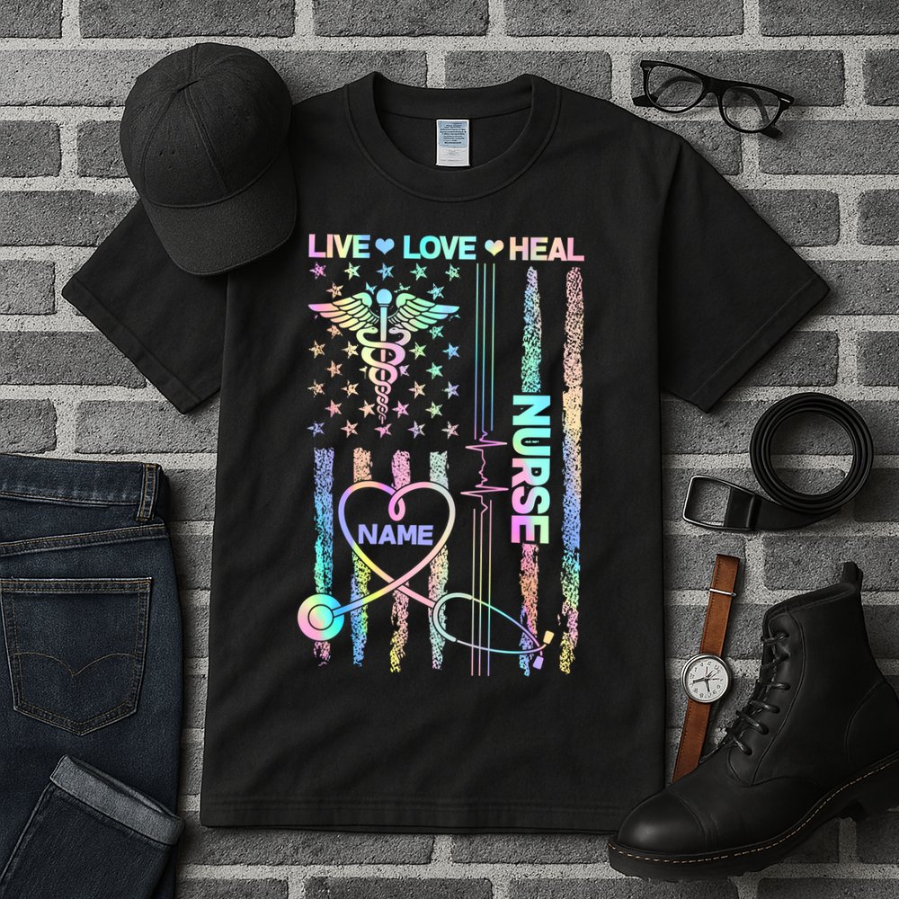 Custom Name Nurse Live Love Heal Colorful USA Flag Tall T-Shirt