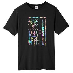 Custom Name Nurse Live Love Heal Colorful USA Flag Tall Fusion ChromaSoft Performance T-Shirt