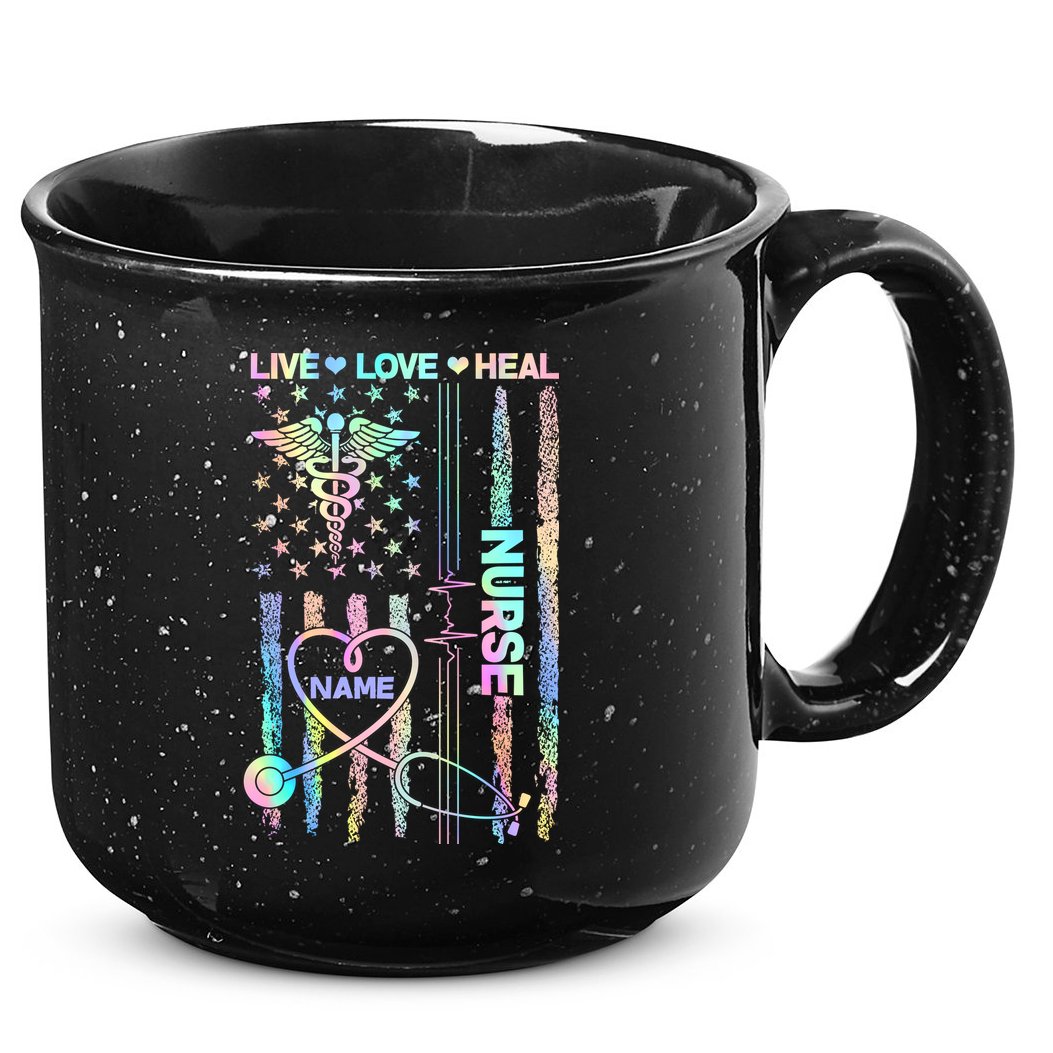 Custom Name Nurse Live Love Heal Colorful USA Flag 15oz Campfire Ceramic Mug