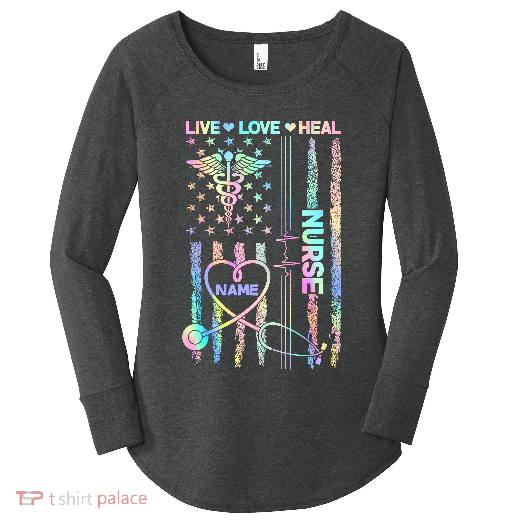 Custom Name Nurse Live Love Heal Colorful USA Flag Women's Perfect Tri Tunic Long Sleeve Shirt