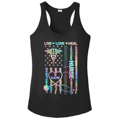 Custom Name Nurse Live Love Heal Colorful USA Flag Ladies PosiCharge Competitor Racerback Tank