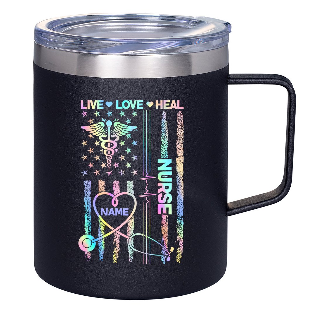 Custom Name Nurse Live Love Heal Colorful USA Flag 12oz Stainless Steel Coffee Mug