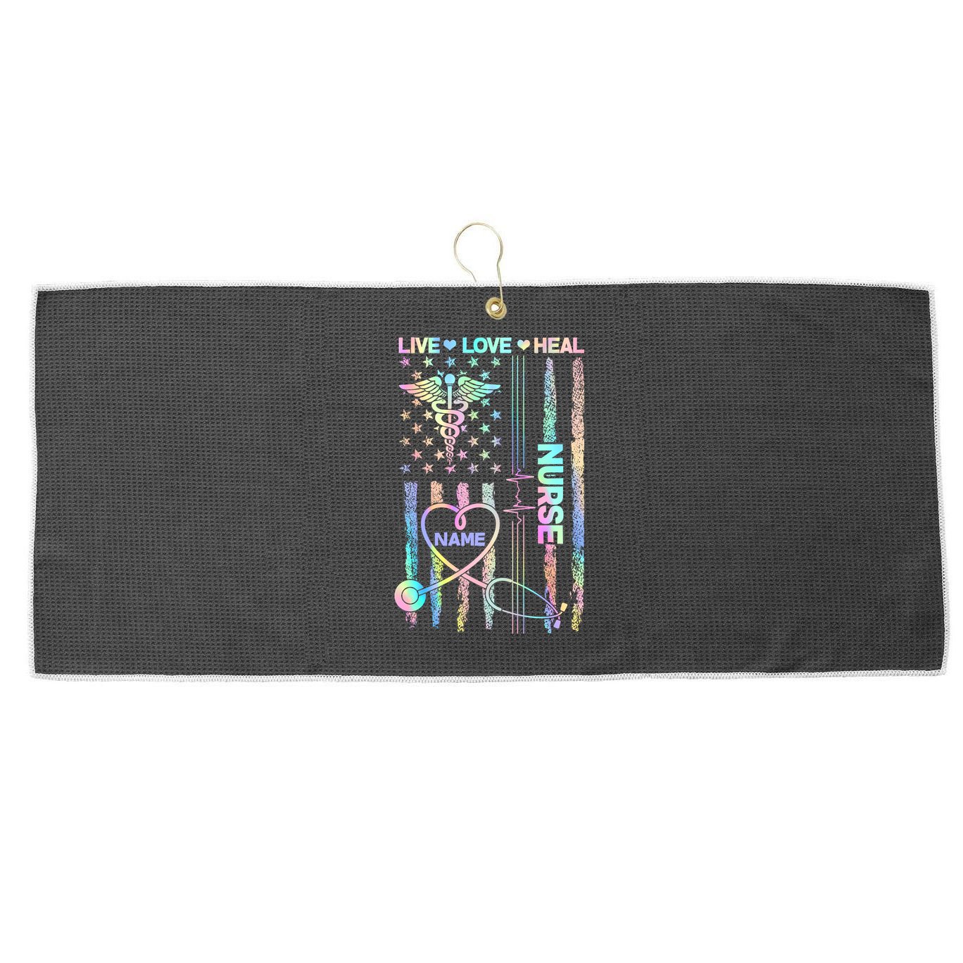 Custom Name Nurse Live Love Heal Colorful USA Flag Large Microfiber Waffle Golf Towel