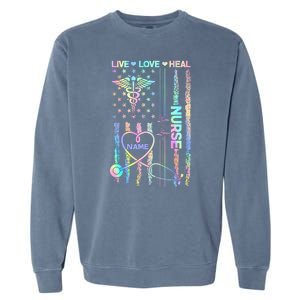 Custom Name Nurse Live Love Heal Colorful USA Flag Garment-Dyed Sweatshirt