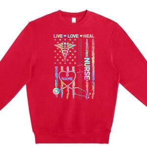 Custom Name Nurse Live Love Heal Colorful USA Flag Premium Crewneck Sweatshirt