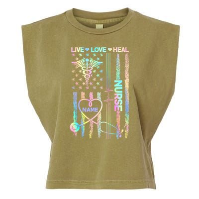 Custom Name Nurse Live Love Heal Colorful USA Flag Garment-Dyed Women's Muscle Tee