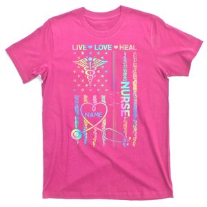 Custom Name Nurse Live Love Heal Colorful USA Flag T-Shirt