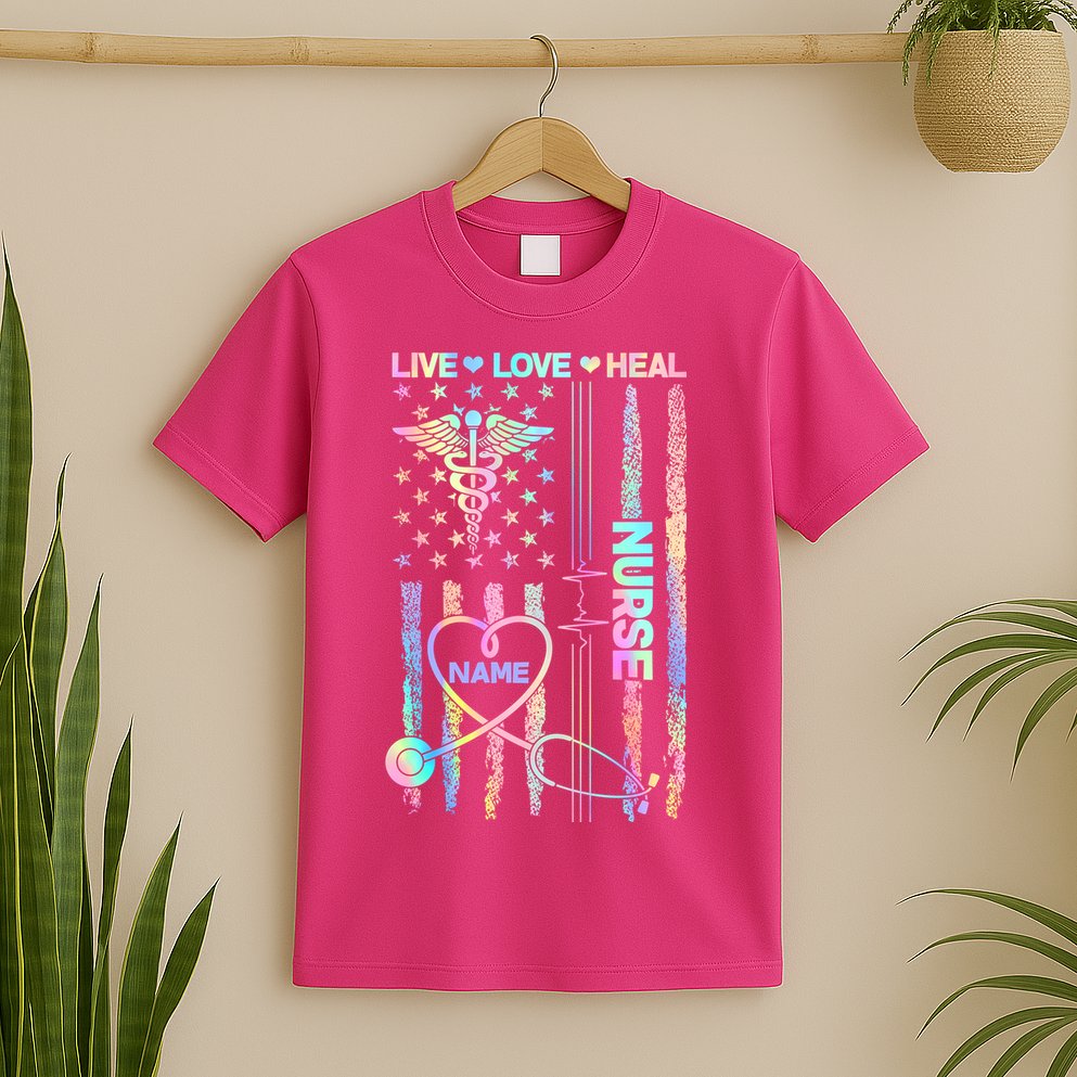 Custom Name Nurse Live Love Heal Colorful USA Flag T-Shirt