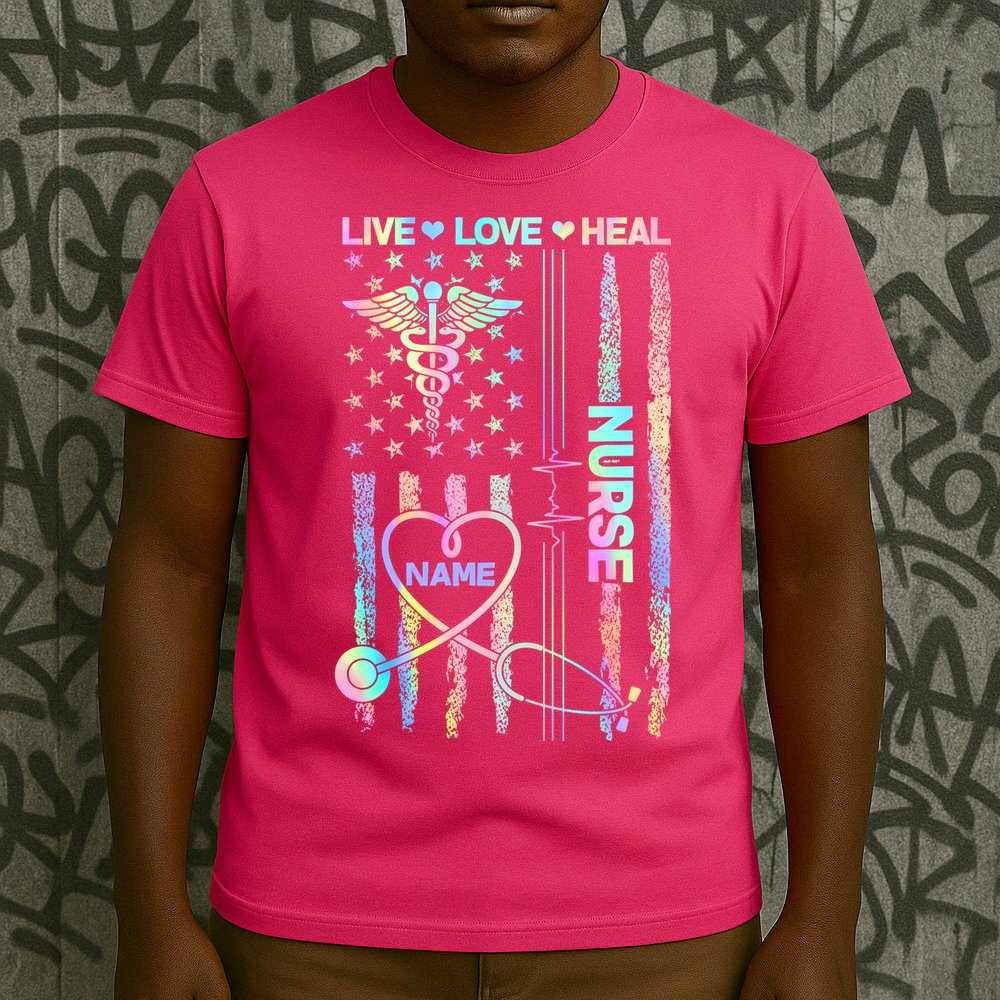 Custom Name Nurse Live Love Heal Colorful USA Flag T-Shirt