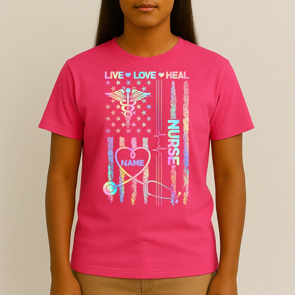 Custom Name Nurse Live Love Heal Colorful USA Flag T-Shirt