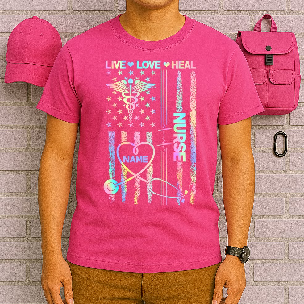 Custom Name Nurse Live Love Heal Colorful USA Flag T-Shirt