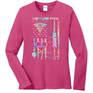 Custom Name Nurse Live Love Heal Colorful USA Flag Ladies Long Sleeve Shirt