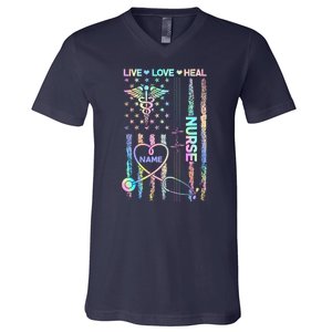 Custom Name Nurse Live Love Heal Colorful USA Flag V-Neck T-Shirt