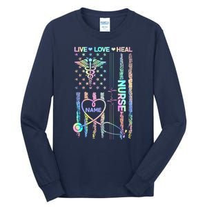 Custom Name Nurse Live Love Heal Colorful USA Flag Tall Long Sleeve T-Shirt