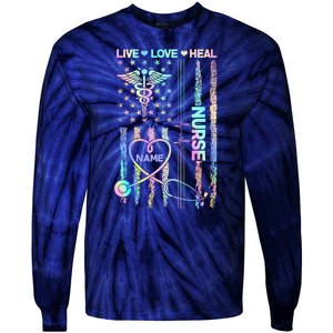 Custom Name Nurse Live Love Heal Colorful USA Flag Tie-Dye Long Sleeve Shirt