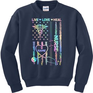 Custom Name Nurse Live Love Heal Colorful USA Flag Kids Sweatshirt