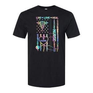 Custom Name Nurse Live Love Heal Colorful USA Flag Softstyle CVC T-Shirt