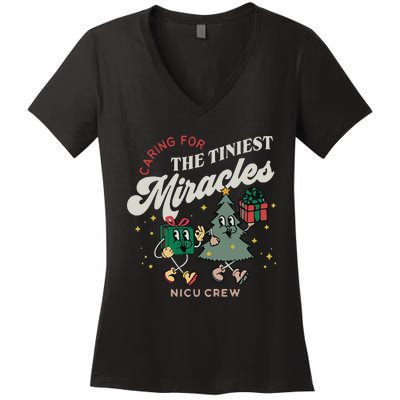 Christmas NICU Nurse Tiniest Miracles Winter Xmas Neonatal ICU Rn  Women's V-Neck T-Shirt