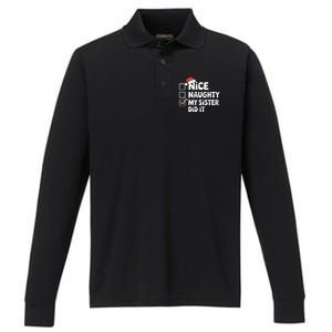 Christmas Nice Naughty Sister Did It Xmas Family Cool Gift Performance Long Sleeve Polo