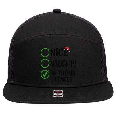 Christmas Nice Naughty An Attempt Was Made Xmas List Santa 7 Panel Mesh Trucker Snapback Hat