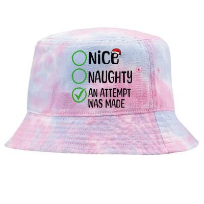 Christmas Nice Naughty An Attempt Was Made Xmas List Santa Tie-Dyed Bucket Hat