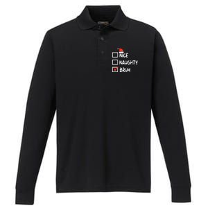 Christmas Nice Naughty Bruh Funny Xmas List Performance Long Sleeve Polo