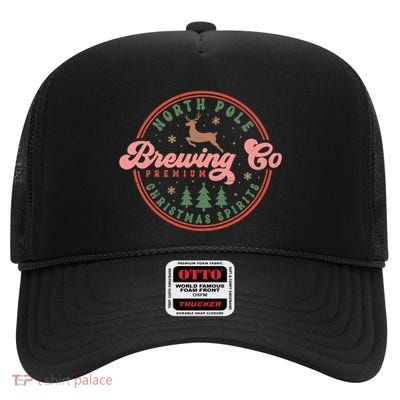 Christmas North Pole Brewing Co Premium Christmas Spirits Label High Crown Mesh Back Trucker Hat