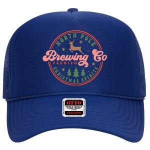 Christmas North Pole Brewing Co Premium Christmas Spirits Label High Crown Mesh Back Trucker Hat