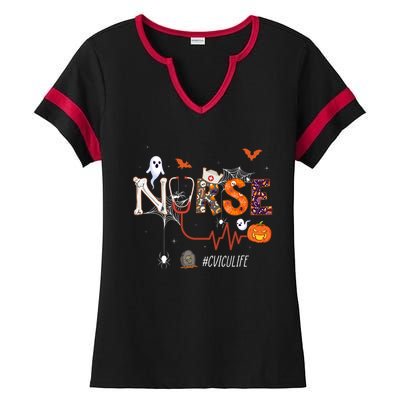 Cvicu Nurse Pumpkin Halloween Cardiovascular Icu Nursing Gift Ladies Halftime Notch Neck Tee