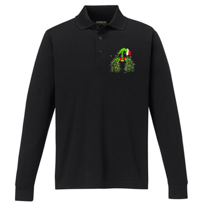 Christmas Nurse Respiratory Therapist Lung Xmas Lights Performance Long Sleeve Polo