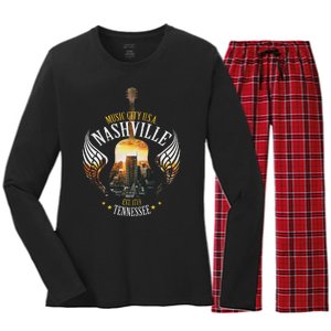 Country Nashville Retro Graphic Guitar Women's Long Sleeve Flannel Pajama Set 