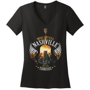 Country Nashville Retro Graphic Guitar Women's V-Neck T-Shirt